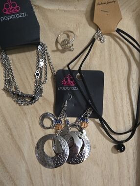 Paparazzi Silver Hammered Hoop Dangle Earrings, Bracelet, Choker And Moon Ring